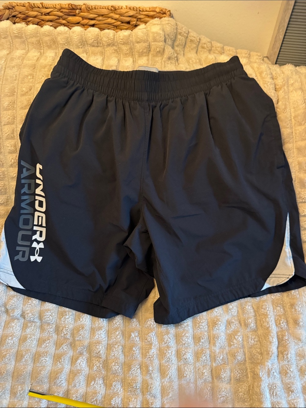 Under Armour Black Athletic Shorts with Light Gray and white Logo Accents